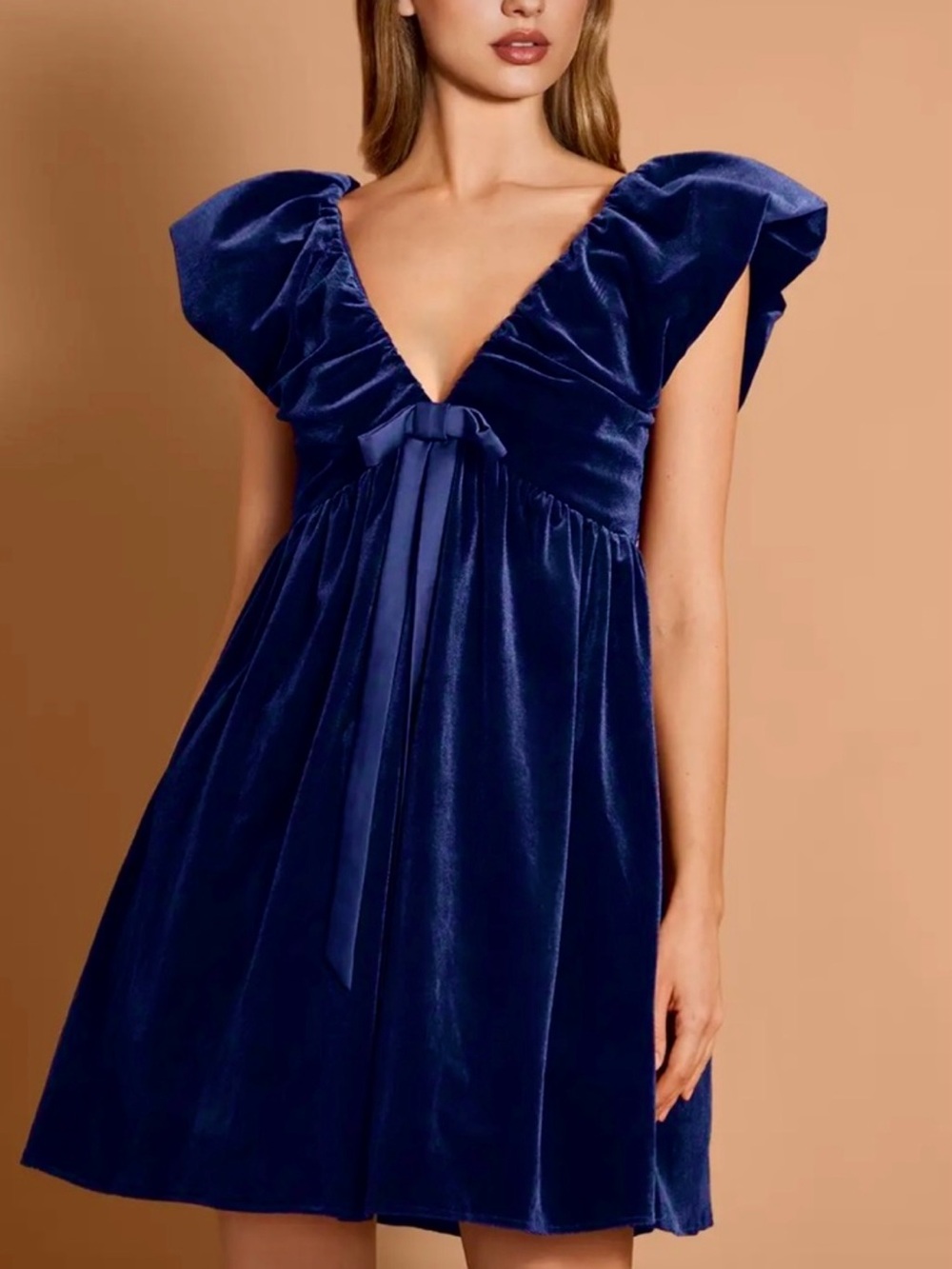 NWT ENDLESS ROSE Blue Velvet Puff Short Sleeve Satin Bow Mini Dress Size Small